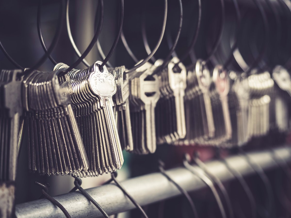 Locksmith key shop with bunches of keychains
